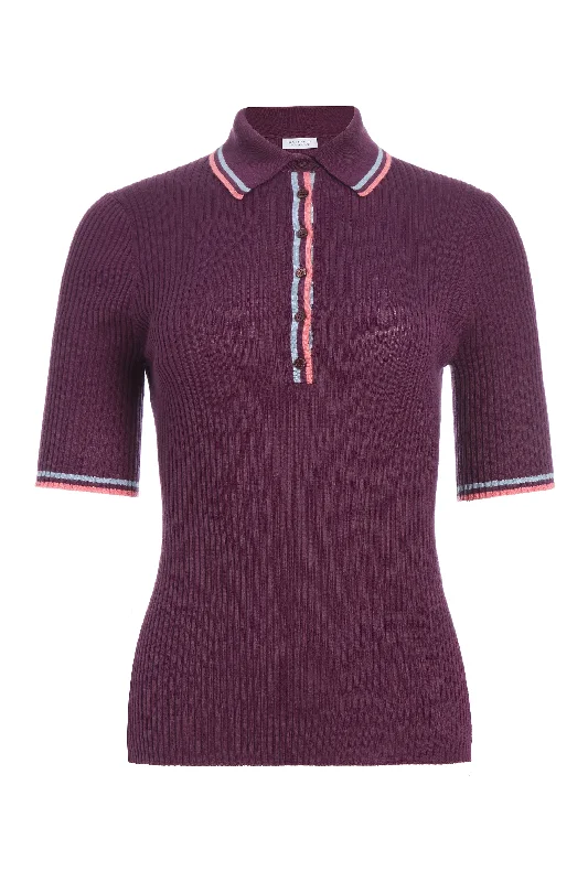 Cotton Knit Sweater for Women -Perro Knit Polo in Italian Plum Cashmere Silk