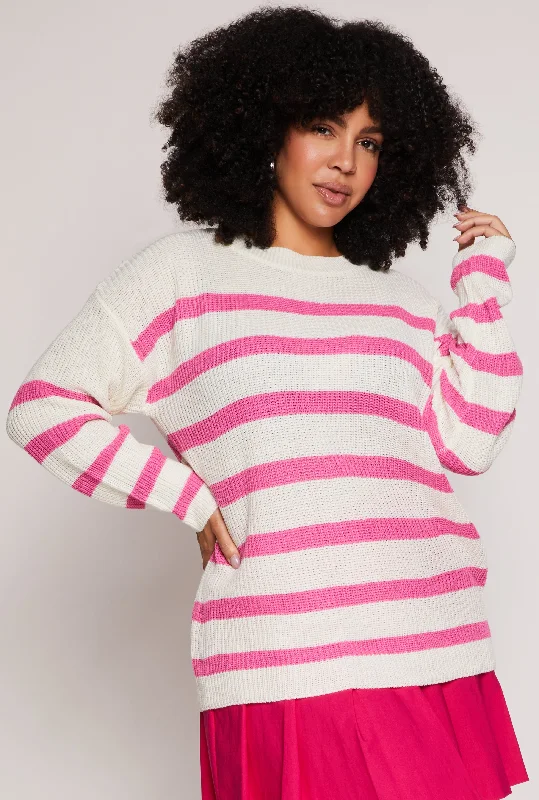 Women's Trendy Knit Pullover Sweater with Sleeve Detail-Plus Size Striped Knit Pullover Sweater