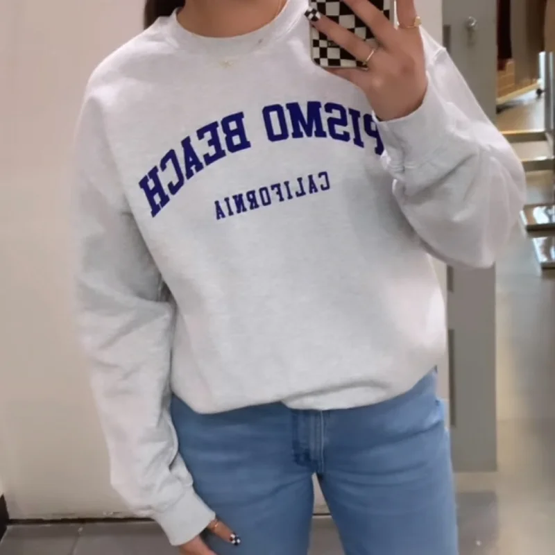 Women's Sweatshirts for Running and Fitness -Pismo Beach Sweatshirt Grey Navy Writing