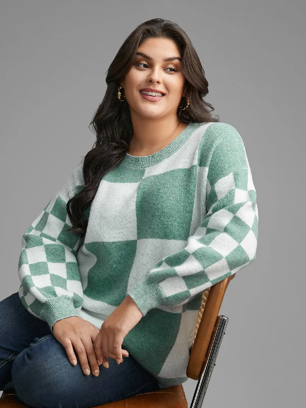 Women's Woolen Knit Pullovers Sweater-Plaid Crew Neck Drop Shoulder Pullover