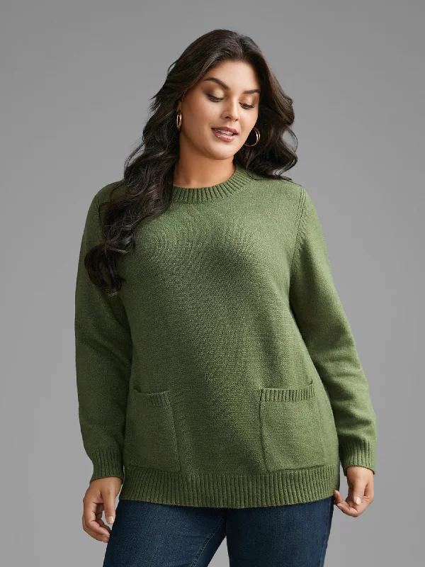 Women's Cotton Pullovers Sweater with Open Front-Plain Round Neck Patched Pocket Pullover Women's Cotton Pullovers Sweater with Open Front-Plain Round Neck Patched Pocket Pullover