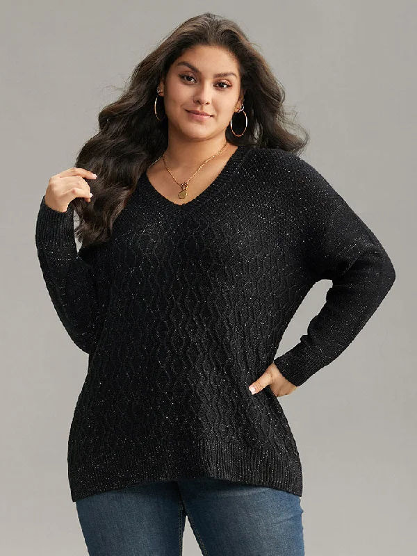 Women's Slim-Fit Knit Pullovers Sweater-Plain Sparkly V Neck Loose Pullover