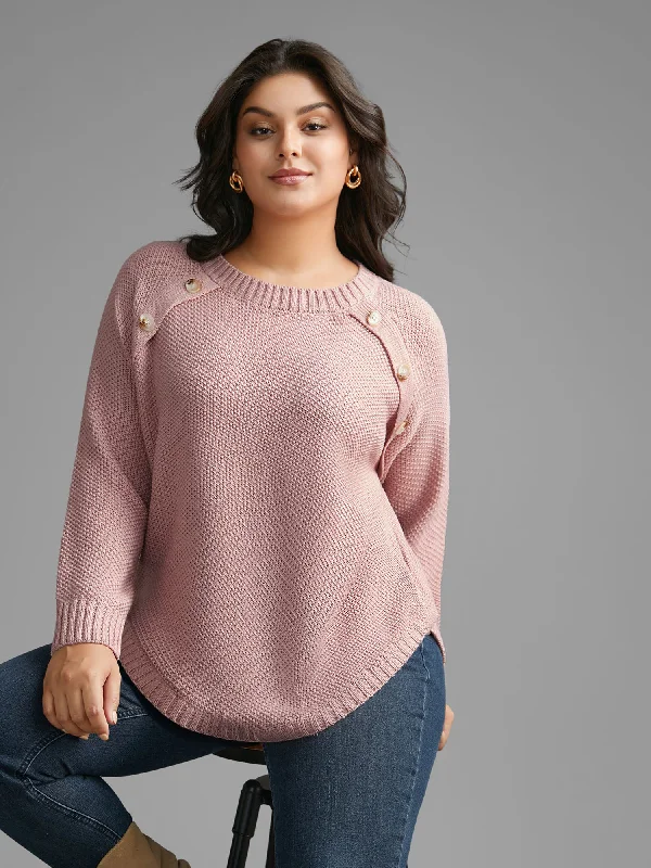 Women's Light Knit Pullovers Sweater-Plain Textured Button Detail Curved Hem Pullover Women's Light Knit Pullovers Sweater-Plain Textured Button Detail Curved Hem Pullover