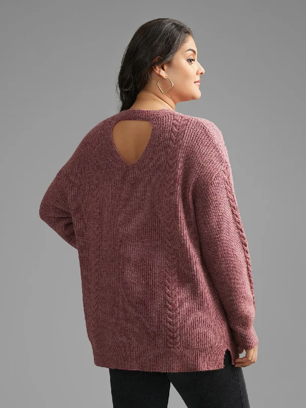 Women's Knit Pullovers Sweater with Textured Design-Plain Textured Cable Knit Backless Pullover