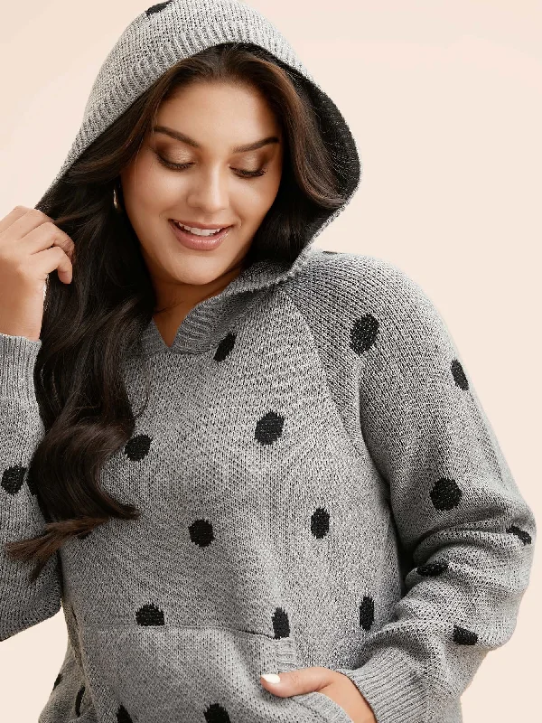 Women's Oversized Cashmere Pullovers Sweater-Polka Dot Hooded Patch Pocket Pullover