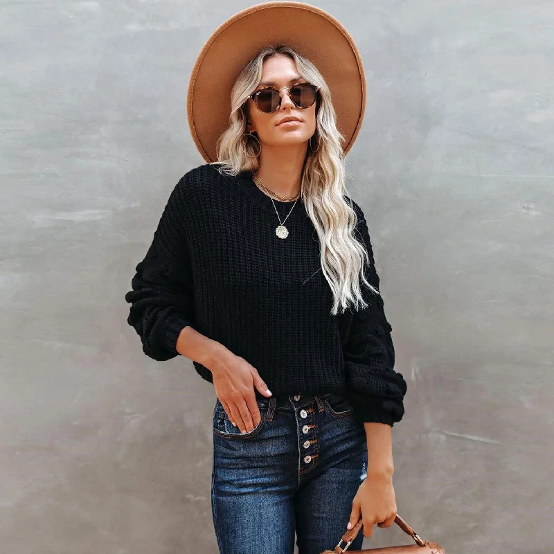 Women's Wool Blend Knit Pullover Sweater for Office Wear-Pom Detail Long Sleeve Crew Neck Pullover Knit Sweater