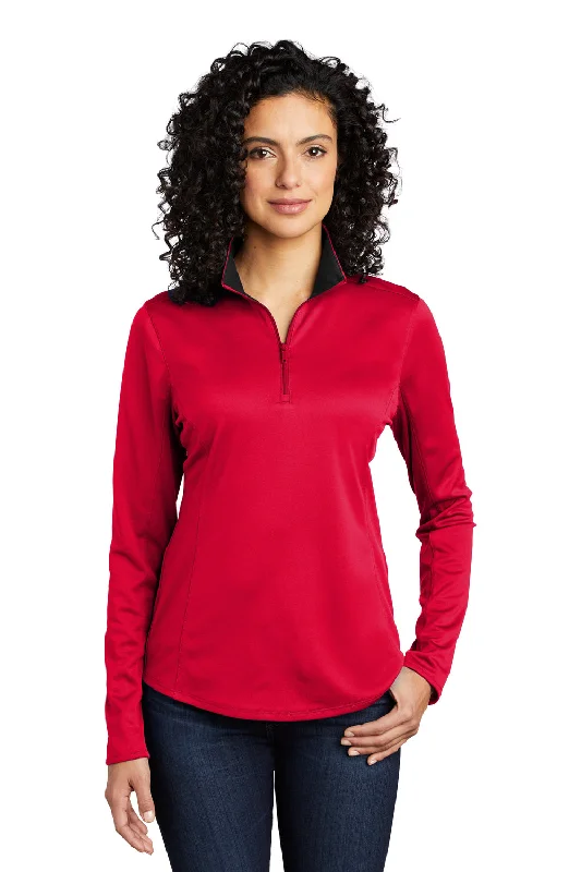 Women's Sweatshirts with Drawstring for Adjustable Fit -Port Authority Womens Silk Touch Performance Moisture Wicking 1/4 Zip Sweatshirt - Red/Black