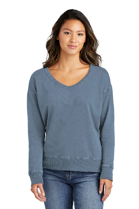 Women's Sweatshirts for Layering with Jackets -Port & Company Womens Beach Wash Garment Dyed V-Neck Sweatshirt - Faded Denim Blue