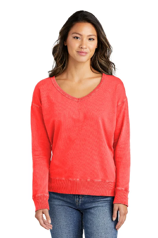 Women's Sweatshirts for Indoor Comfort -Port & Company Womens Beach Wash Garment Dyed V-Neck Sweatshirt - Poppy Red