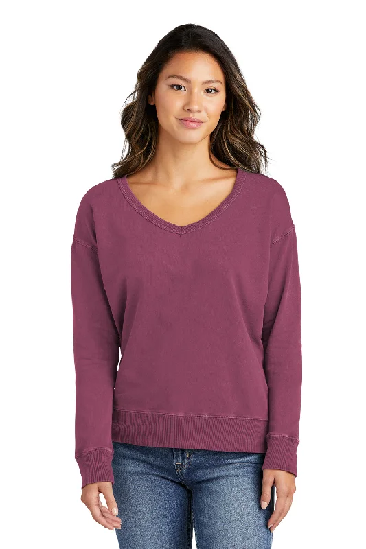Women's Sweatshirts for Quick Comfort -Port & Company Womens Beach Wash Garment Dyed V-Neck Sweatshirt - Vintage Raspberry