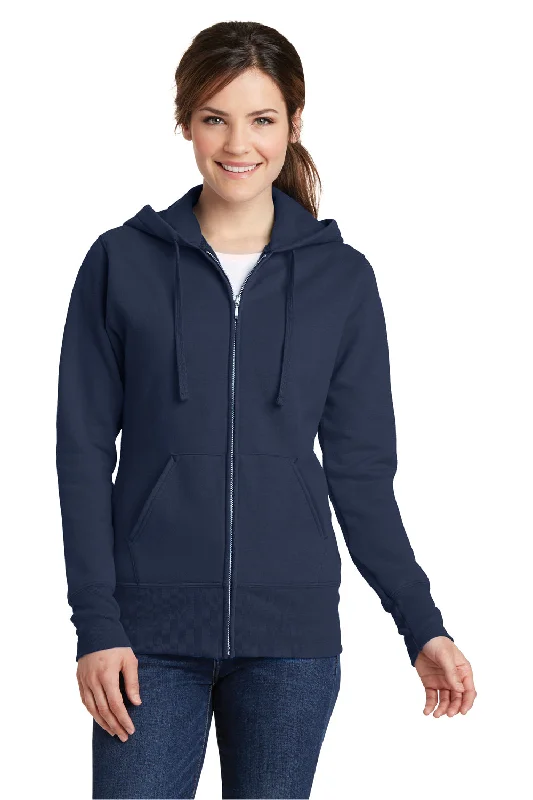 Women's Sweatshirts for Indoor Comfort -Port & Company Womens Core Pill Resistant Fleece Full Zip Hooded Sweatshirt Hoodie - Navy Blue