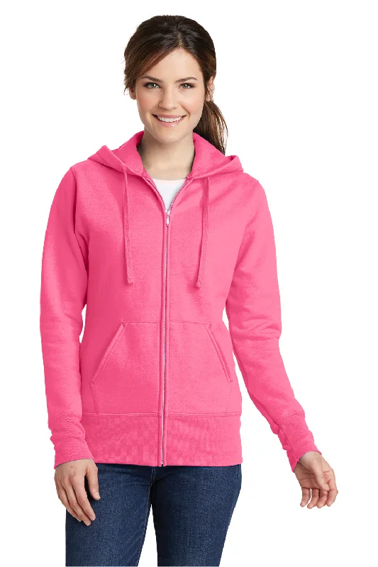 Women's Sweatshirts with Modern and Sporty Look -Port & Company Womens Core Pill Resistant Fleece Full Zip Hooded Sweatshirt Hoodie - Neon Pink