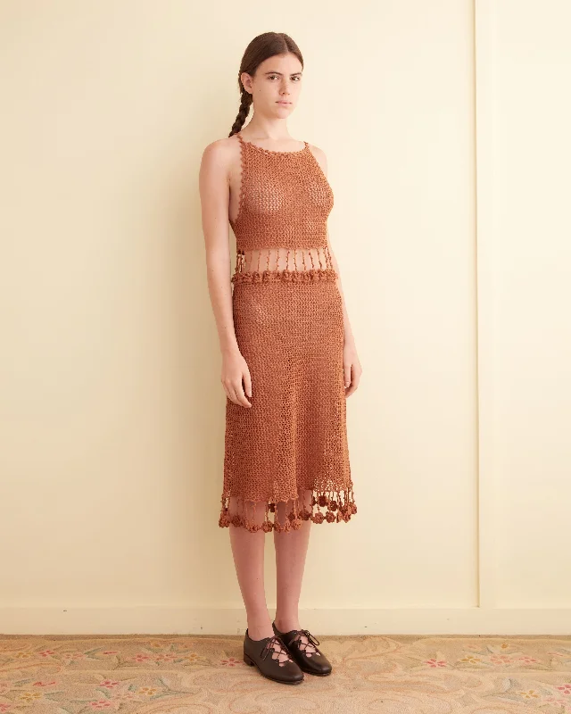 Women's Knit Sweater for Formal Wear -Posy Crochet Dress - Brown