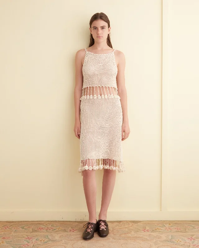 Women's Knit Sweater with Dropped Shoulders -Posy Crochet Dress - Cream