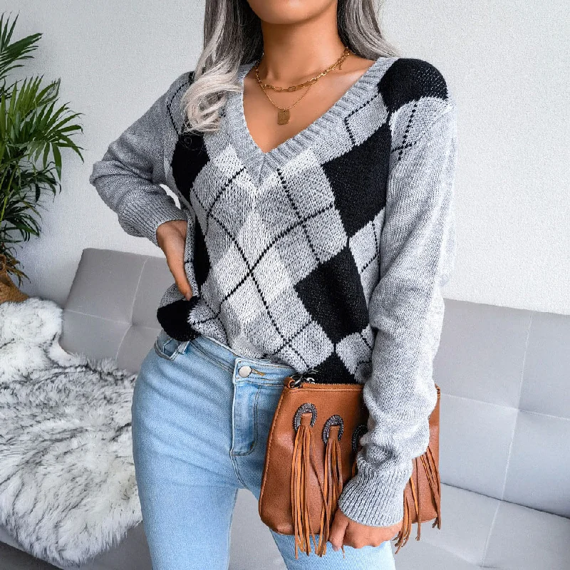 Women's Soft Wool Knit Pullover Sweater for Layering-Preppy Ribbed V Neck Long Sleeve Pullover Argyle Knit Sweater