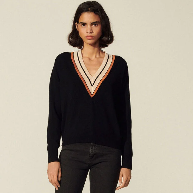 Women's Pullovers Sweater for Casual Outings-Preppy Striped Deep V Cashmere Blend Pullover Sweater - Black