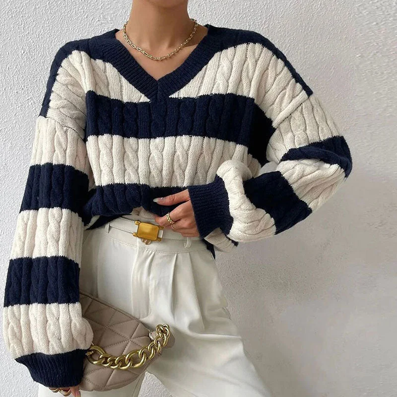 Women's Trendy Wool Pullover Sweater for Fall-Preppy Striped V Neck Blouson Sleeve Oversized Cable Knit Pullover Sweater