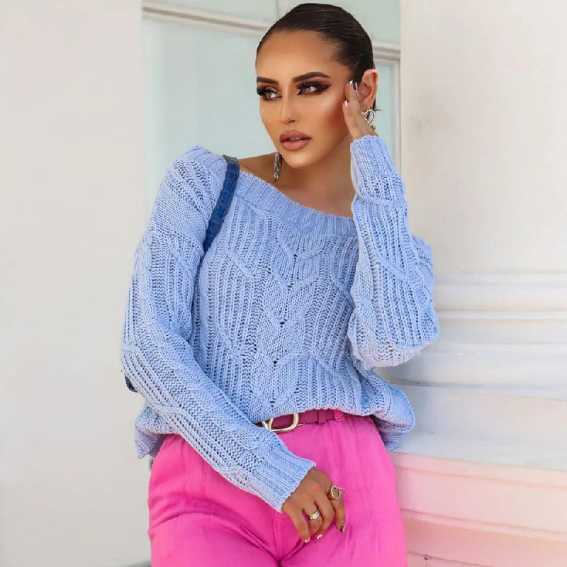 Women's Lightweight Knit Wool Pullover Sweater-Pretty Sky Blue Boat Neck Drop Shoulder Fisherman Cable Knit Pullover Sweater
