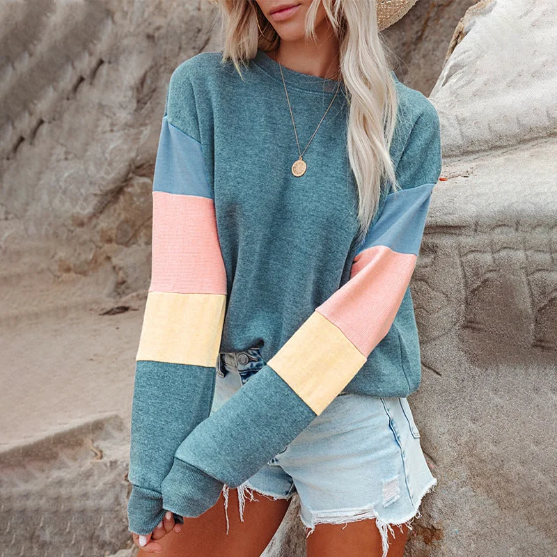 Women's Casual Knit Pullover Sweater with Split Sides-Pullover Sweater For Women New Round Neck Long Sleeve Contrast Color Fashion T-Shirt Women's Casual Knit Pullover Sweater with Split Sides-Pullover Sweater For Women New Round Neck Long Sleeve Contrast Color Fashion T-Shirt