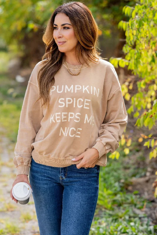 Women's Sweatshirts for Stylish Outdoor Events -Pumpkin Spice Keeps Me Nice Graphic Crewneck Women's Sweatshirts for Stylish Outdoor Events -Pumpkin Spice Keeps Me Nice Graphic Crewneck