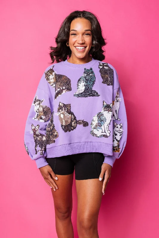 Women's Sweatshirts with Relaxed Fit -Purple Scattered Cat Sweatshirt