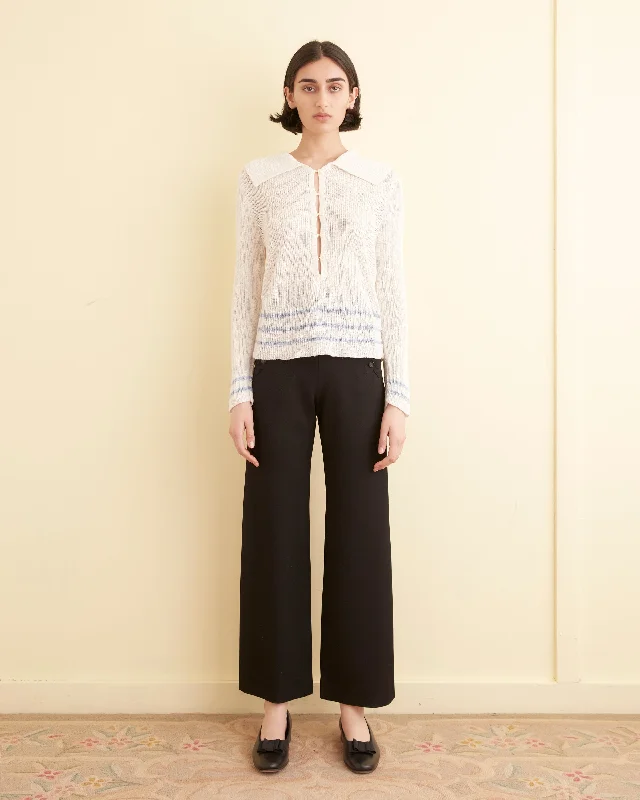 Women's Knit Sweater with A-line Shape -Quincy Stripe Polo - Cream