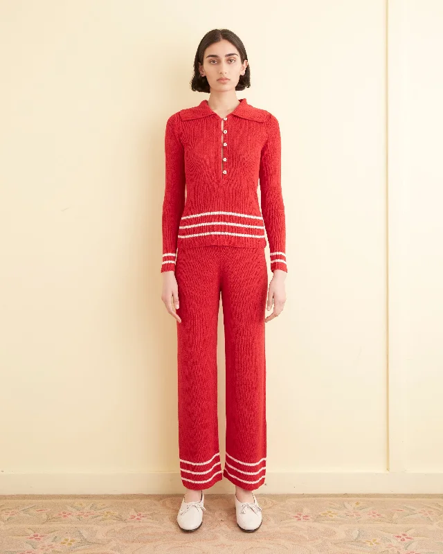Women's Knit Sweater with Mock Turtleneck -Quincy Stripe Polo - Red