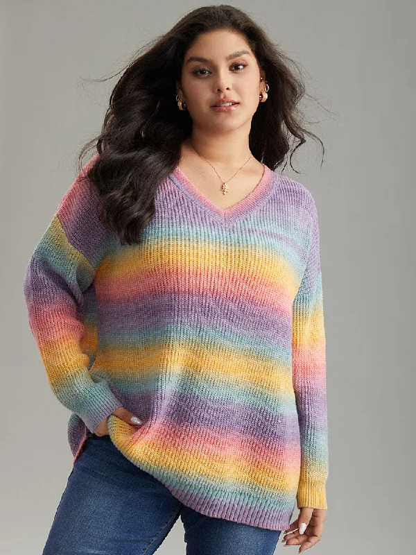 Women's Warm Knit Pullovers Sweater-Rainbow Ombre V Neck Loose Pullover