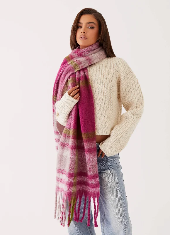 Women's Knit Sweater with Colorful Stripes -Rainier Plaid Scarf - Pink