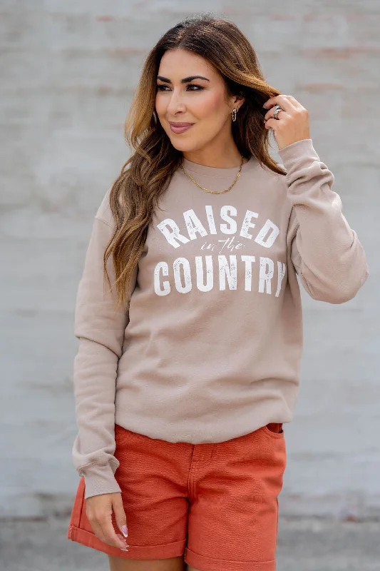 Women's Sweatshirts with Soft Fleece for Warmth -Raised In The Country Cursive Graphic Crewneck Women's Sweatshirts with Soft Fleece for Warmth -Raised In The Country Cursive Graphic Crewneck