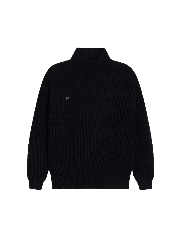 Women's Knit Sweater with Crochet Detail -Womens Recycled Cashmere Funnel-Neck Sweater—black Women's Knit Sweater with Crochet Detail -Womens Recycled Cashmere Funnel-Neck Sweater—black