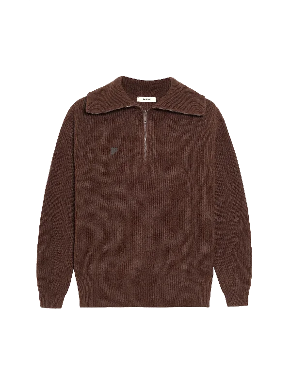 Knit Tops with Zipper-Womens Recycled Cashmere Half Zip Sweater—chestnut brown