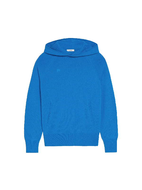 Knit Tops with Fringe-Womens Recycled Cashmere Hoodie—cerulean blue