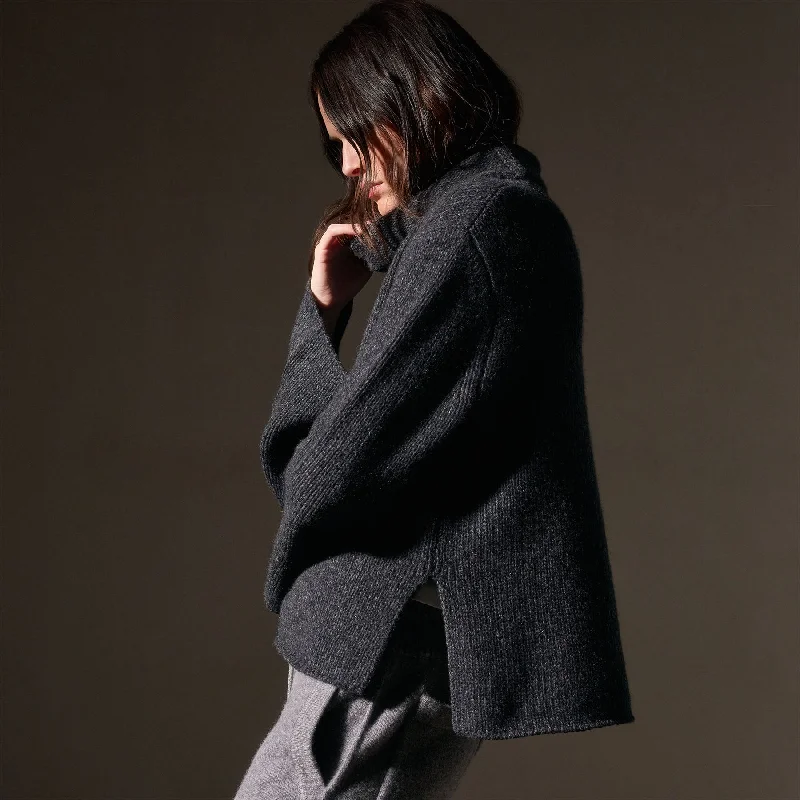 Women's Elegant Wool Knit Pullover Sweater for Special Occasions-Recycled Cashmere Pullover - Charcoal Marl