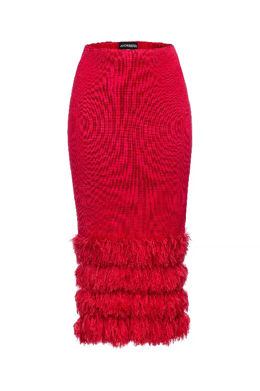 Crop Knit Tops-Red Knit Skirt With Handmade Knit Details