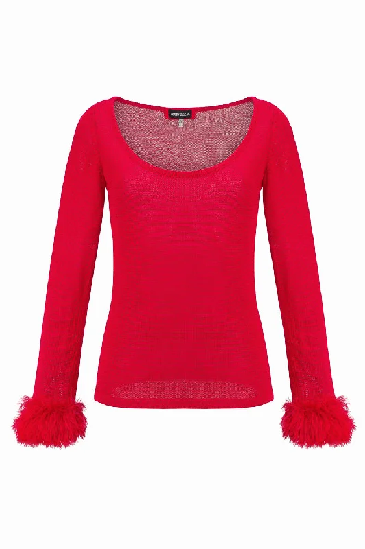 Striped Knit Tops-Red Knit Top With Handmade Knit Cuffs