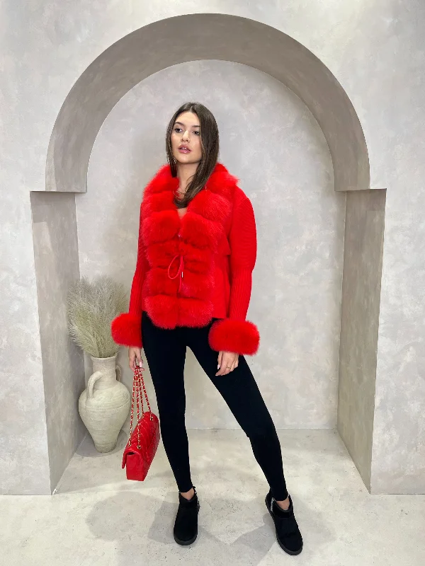Warm Women's Knit Tops -Red Luxury Fur Cardigan