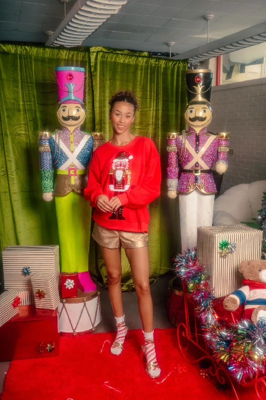 Women's Sweatshirts for Trendy Fashion -Red Metallic Santa Nutcracker Sweatshirt