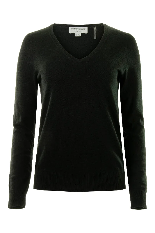 Women's Comfortable Knit Pullover Sweater with Ribbed Finish-Repeat Cashmere Fine Knit Vneck Cotton Pullover