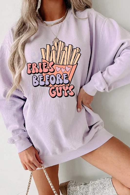 Women's Sweatshirts with Casual Style for Day Trips -Retro "Fries Before Guys" Graphic Crewneck (Orchid) - Print On Demand Women's Sweatshirts with Casual Style for Day Trips -Retro "Fries Before Guys" Graphic Crewneck (Orchid) - Print On Demand