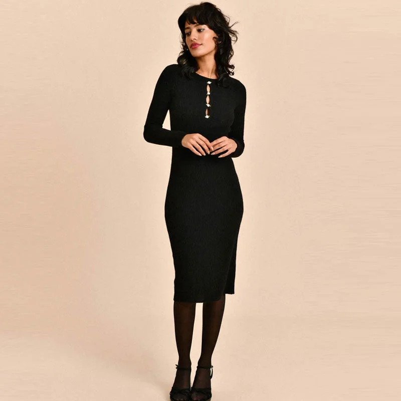 Women's Sweaterdress with Asymmetrical Hem -Retro Rose Detail Cutout Crew Neck Rib Knit Fitted Midi Black Sweater Dress Women's Sweaterdress with Asymmetrical Hem -Retro Rose Detail Cutout Crew Neck Rib Knit Fitted Midi Black Sweater Dress