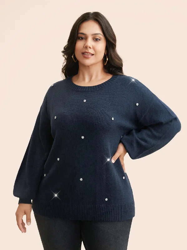 Women's Plain Wool Pullovers Sweater-Rhinestone Decor Dropped Shoulder Pullover