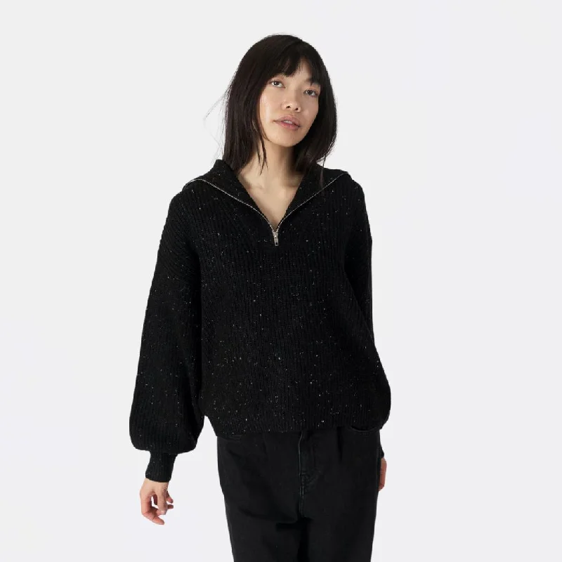 Knit Tops with Bohemian Vibe-Chase Ribbed Quarter Zip Sweater (Black Fleck)