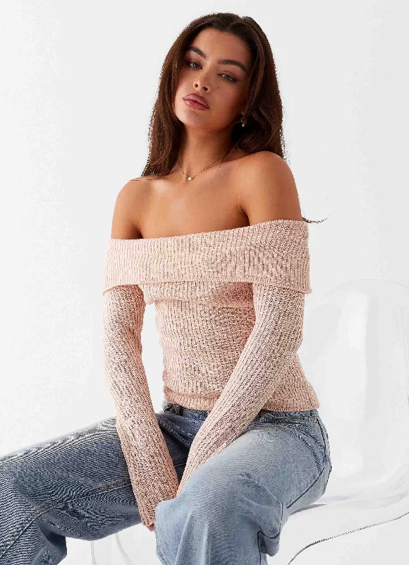 V-neck Women's Knit Sweater -Rina Long Sleeve Knit Top - Blush
