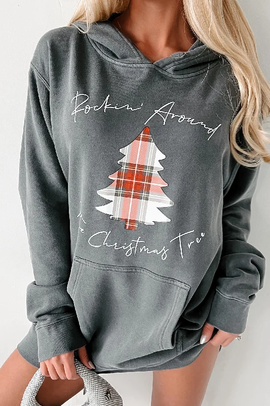 Women's Sweatshirts for Warming Up After Exercise -"Rockin' Around The Christmas Tree" Vintage Wash Graphic Hoodie (Black) - Print On Demand
