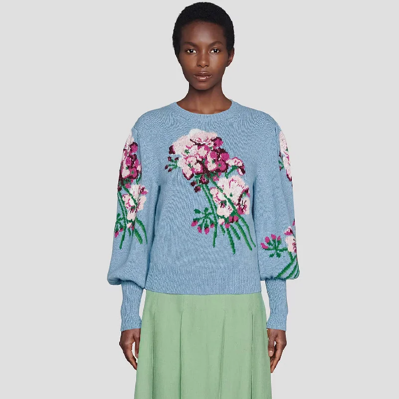 Women's Pullovers Sweater for a Chic Look-Romantic Blue Floral Jacquard Knit Crew Neck Bishop Sleeve Pullover Sweater Women's Pullovers Sweater for a Chic Look-Romantic Blue Floral Jacquard Knit Crew Neck Bishop Sleeve Pullover Sweater