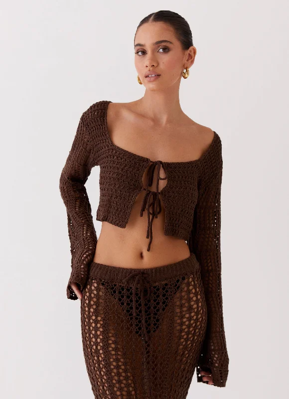 Women's Knit Sweater with Cashmere Blend -Rosalina Crochet Long Sleeve Top - Chocolate Women's Knit Sweater with Cashmere Blend -Rosalina Crochet Long Sleeve Top - Chocolate