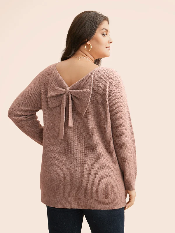 Women's V-neck Pullovers Sweater-Round Neck Texture Back Bowknot Pullover