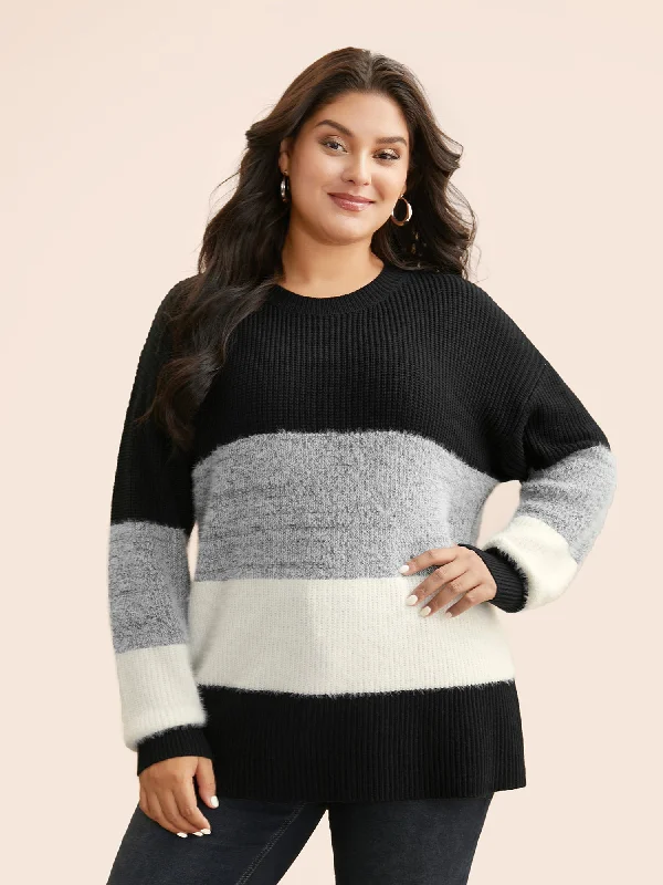 Women's Basic Knit Pullovers Sweater-Round Neck Colorblock Contrast Pullover