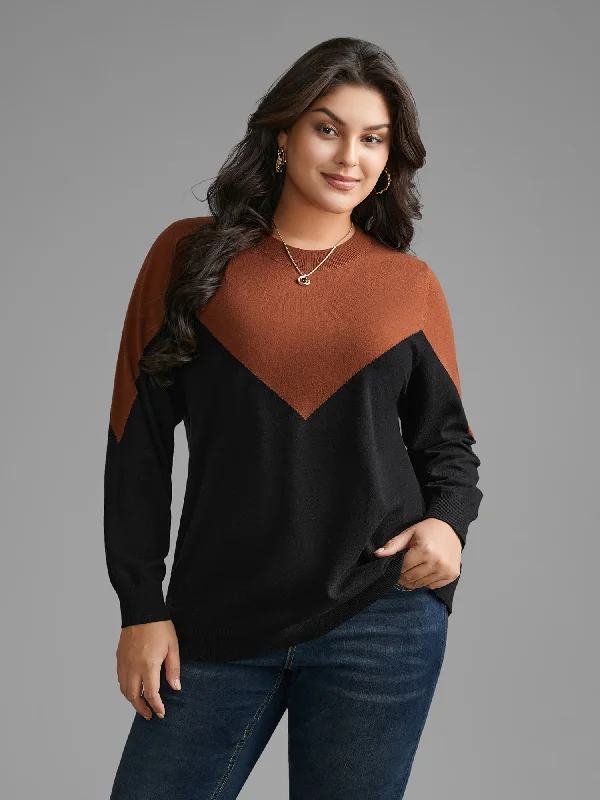 Women's Casual Pullover Sweater for Fall-Round Neck Contrast Patchwork Pullover